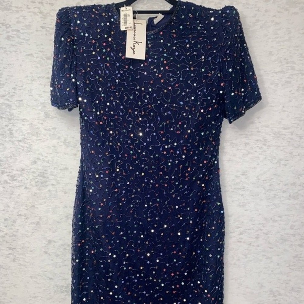 NWT Laurence Kazar Pure Silk Sequin Royal Navy Blue Cocktail Evening Dress SZ M - Picture 2 of 12